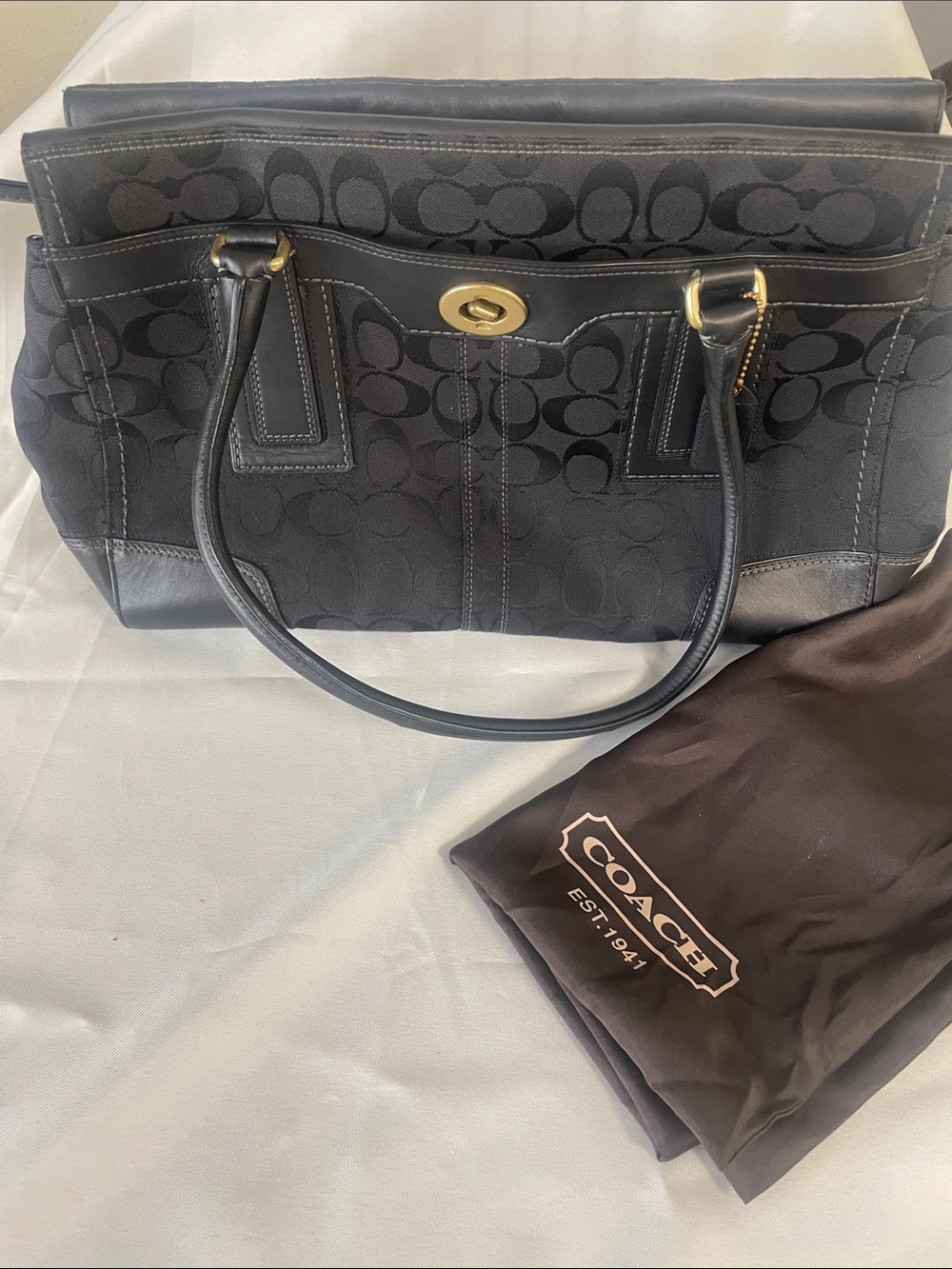 Coach Black Signature Canvas Tote with Gold-Tone Turnlock
